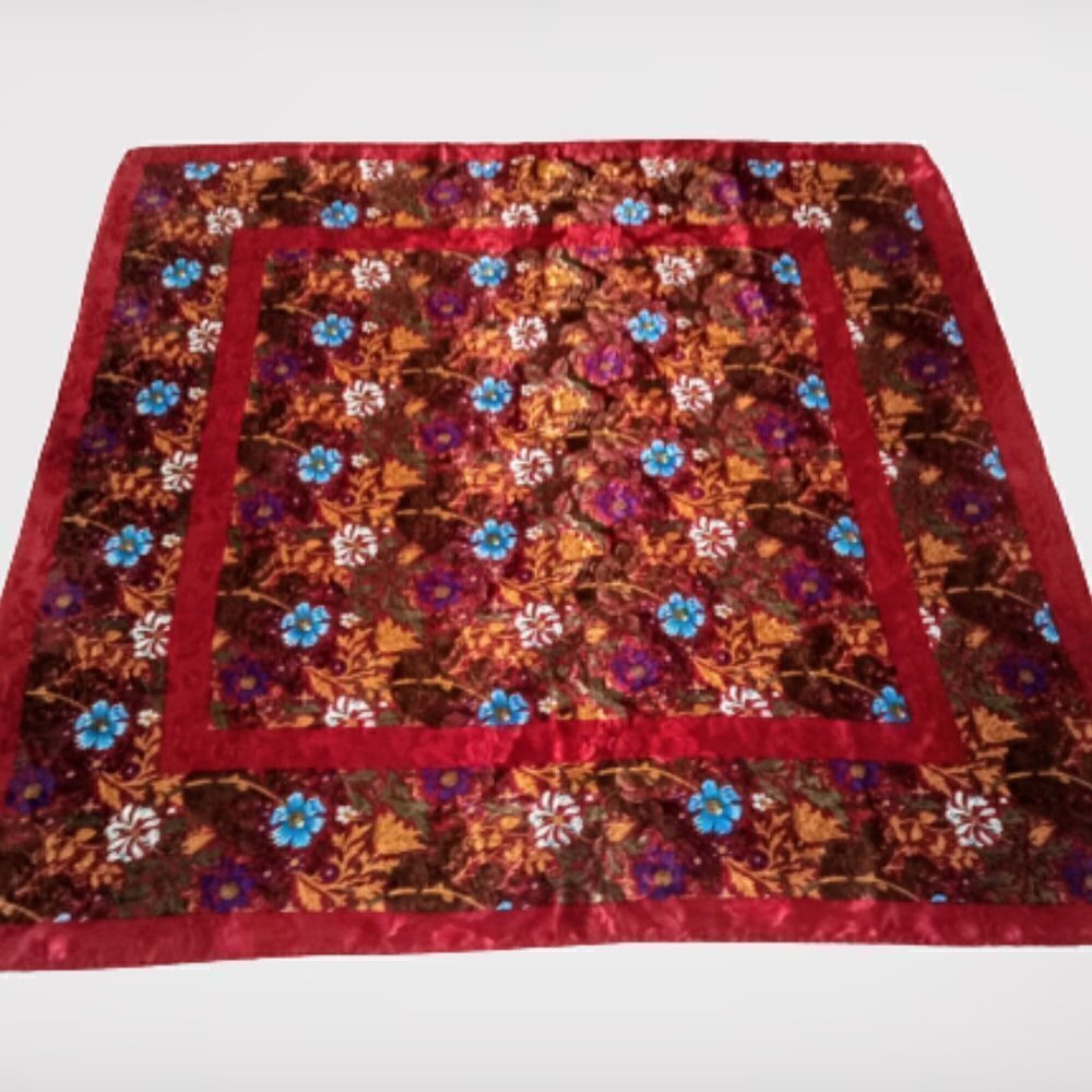 Floral Jacquard Double Red Border Square Scarf
